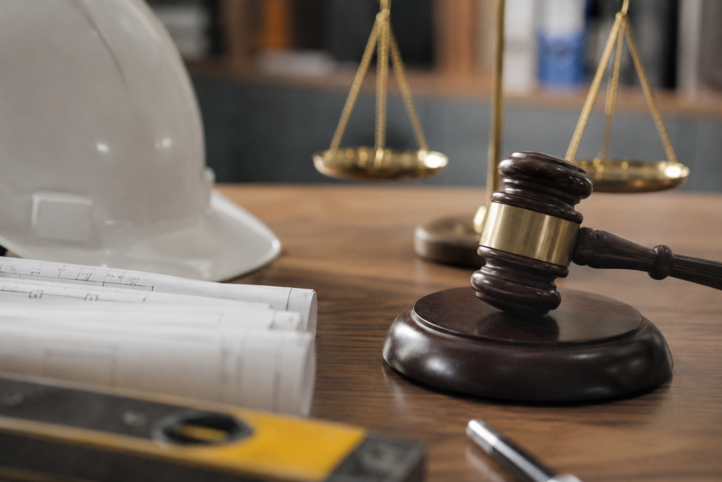 Judge’s gavel and construction hard hat on a desk beside architectural plans, representing corporate manslaughter, fire safety and construction industry accountability.