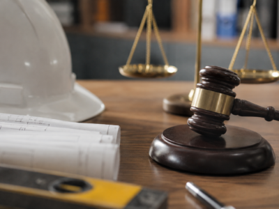 Judge’s gavel and construction hard hat on a desk beside architectural plans, representing corporate manslaughter, fire safety and construction industry accountability.