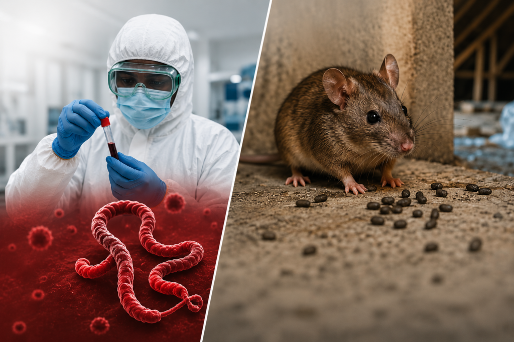 Split image showing a laboratory scientist handling an Ebola sample beside a rat in an industrial environment representing Hantavirus workplace risks.