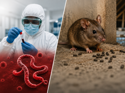 Split image showing a laboratory scientist handling an Ebola sample beside a rat in an industrial environment representing Hantavirus workplace risks.