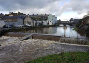 The weir on the River Cleddau in Haverfordwest, where four paddleboarders lost their lives in October 2021.