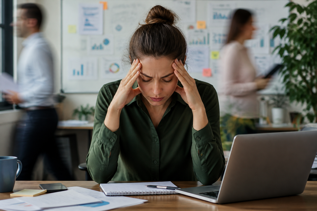 Worker stressed in a busy office
