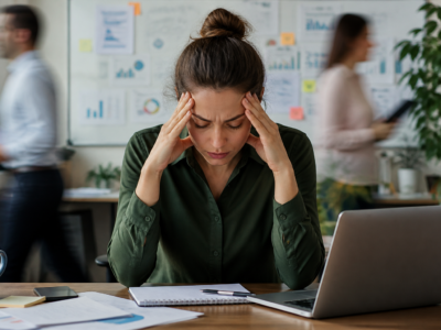 Worker stressed in a busy office