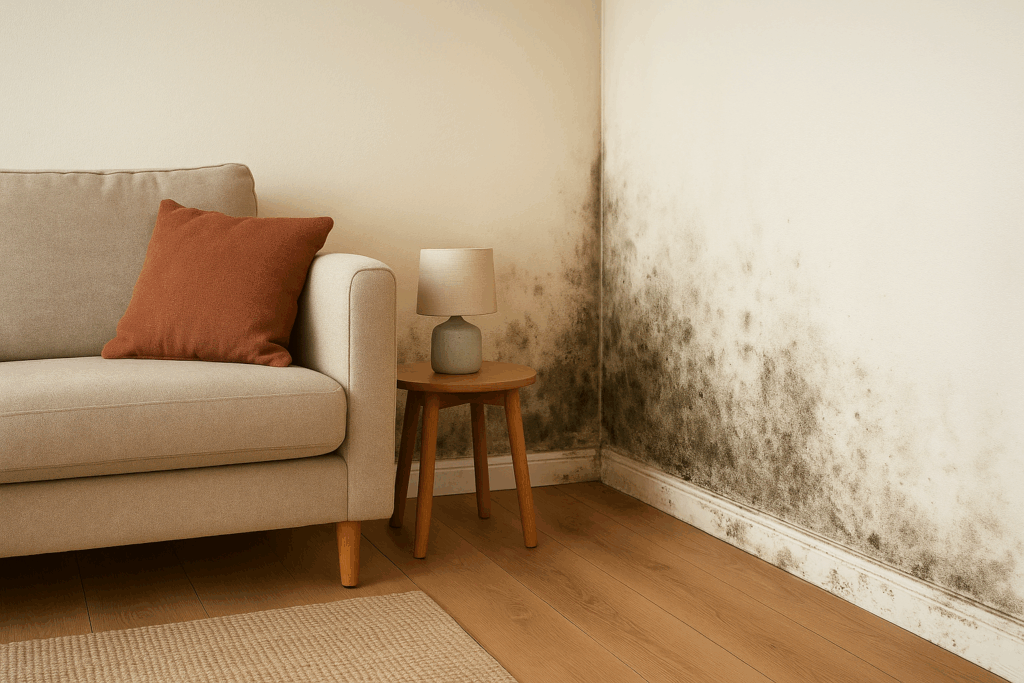 A living room with visible mould along the skirting boards and lower walls, illustrating poor housing conditions linked to damp.