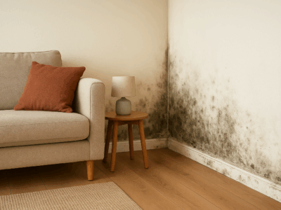 A living room with visible mould along the skirting boards and lower walls, illustrating poor housing conditions linked to damp.