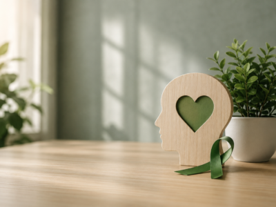 Minimalist mental health themed image showing a calm wooden head silhouette with a green heart, representing youth mental health awareness and support.