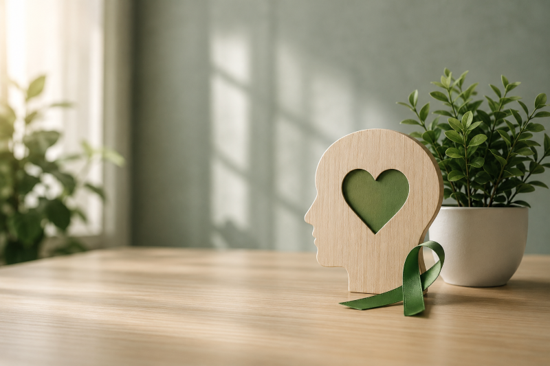 Minimalist mental health themed image showing a calm wooden head silhouette with a green heart, representing youth mental health awareness and support.