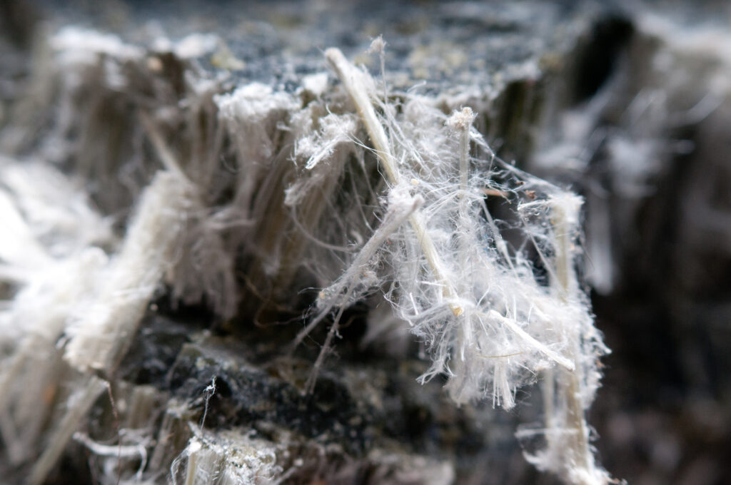 Close-up image of asbestos fibres under magnification, showing their fine, needle-like structure.